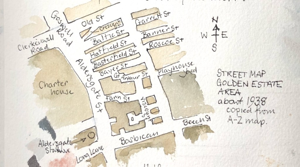 My sketch map of the former street layout, from the maps.