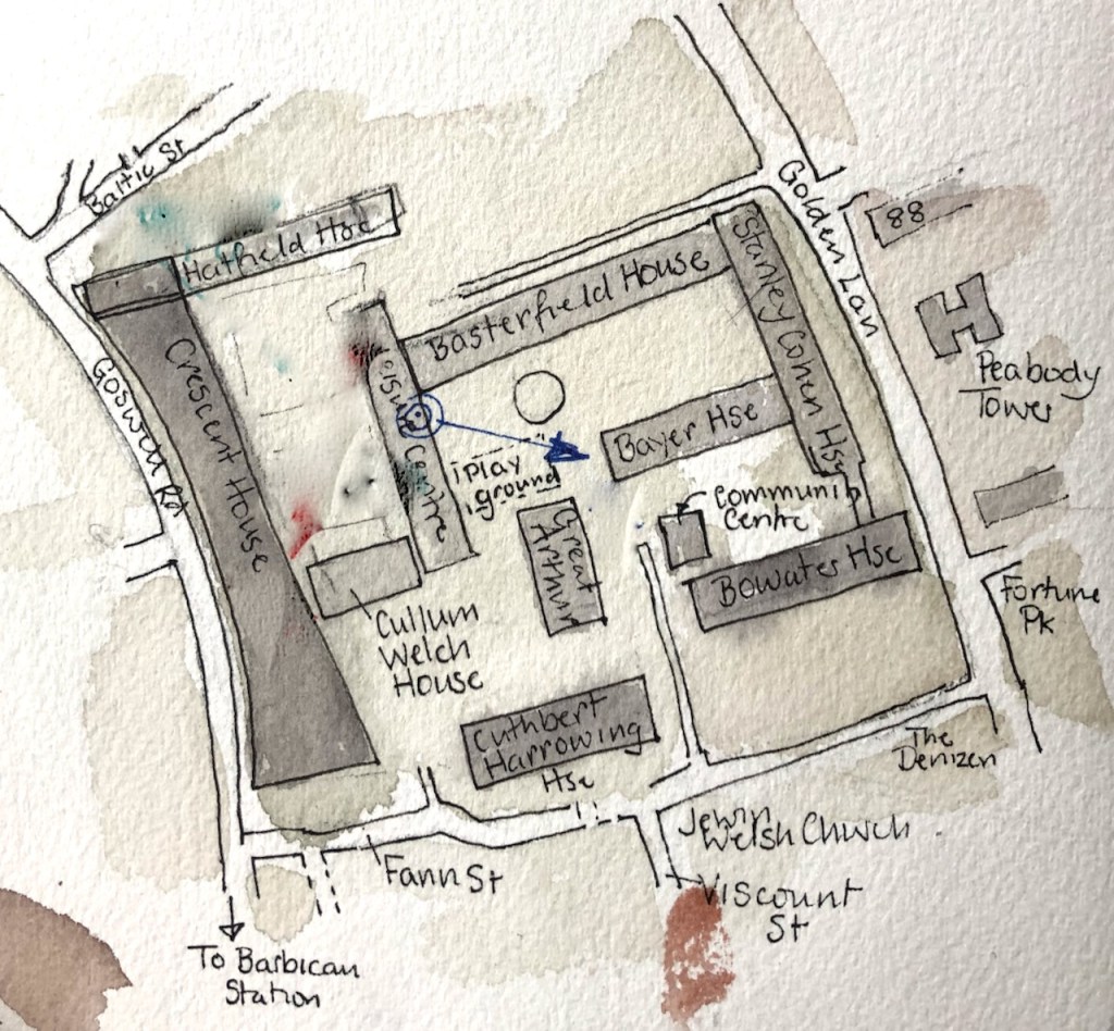 Golden Lane Estate, blue arrow shows sightline of my drawing.