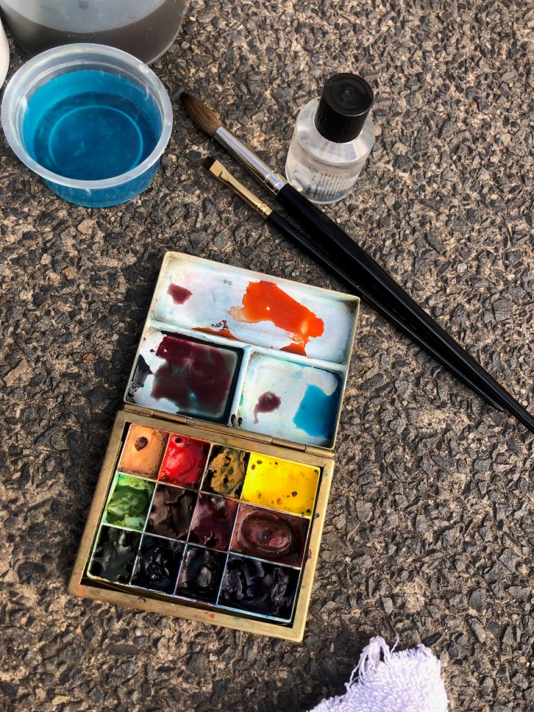 Art materials on the concrete.