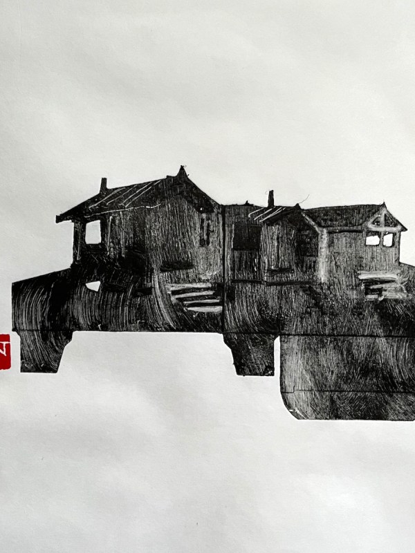 Walberswick Huts –&nbsp;monoprint