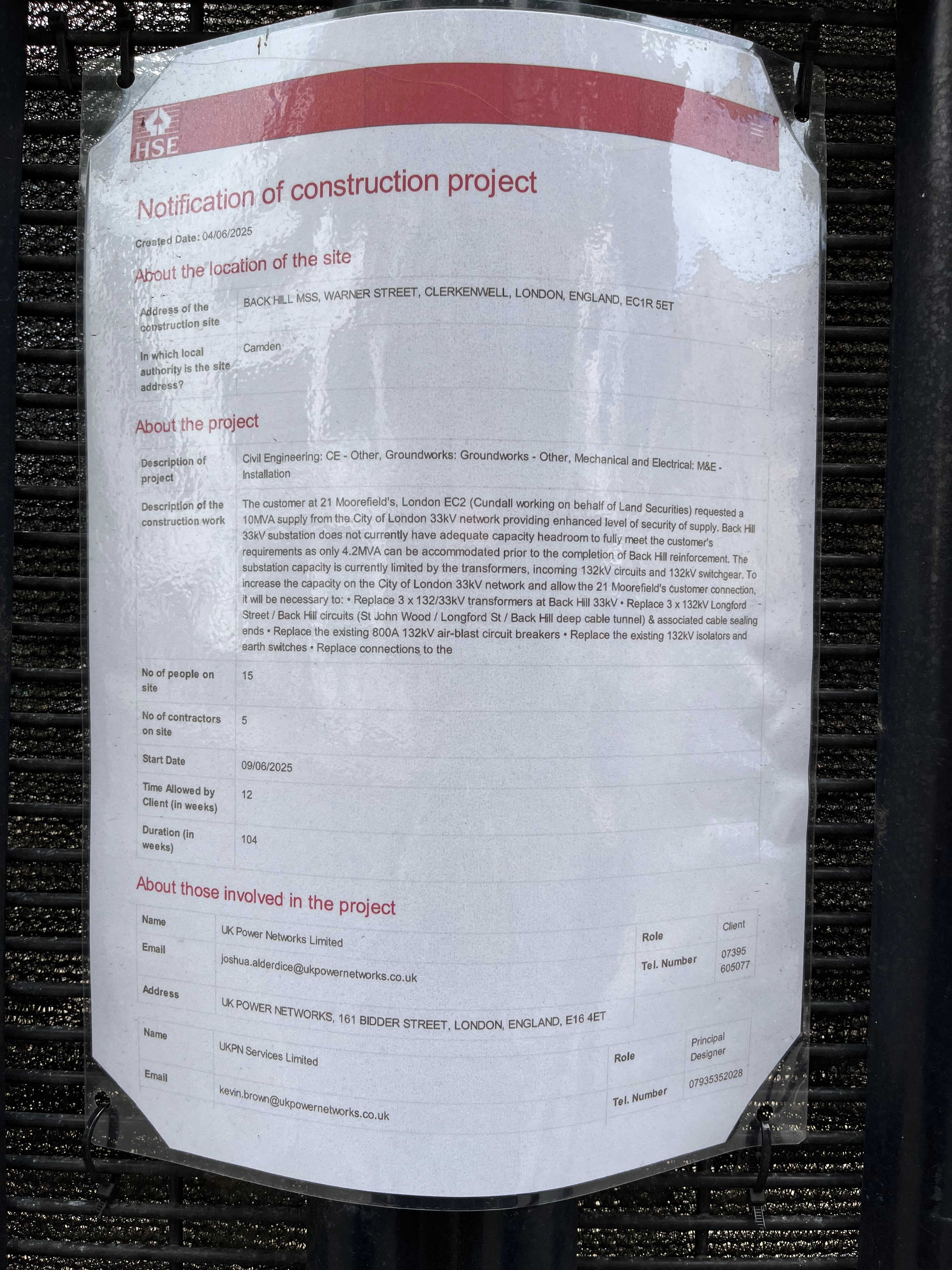 The customer at 21 Moorefield's, London EC2 (Cundall working on behalf of Land Securities) requested a 10MVA supply from the City of London 33kV network providing enhanced level of security of supply. Back Hill 33KV substation does not currently have adequate capacity headroom to fully meet the customer's requirements as only 4.2MVA can be accommodated prior to the completion of Back Hill reinforcement. The substation capacity is currently limited by the transformers, incoming 132kV circuits and 132KV switchgear. To increase the capacity on the City of London 33kV network and allow the 21 Moorefield's customer connection, it will be necessary to: • Replace 3 x 132/33kV transformers at Back Hill 33kV • Replace 3 x 132KV Longford Street / Back Hil circuits (St John Wood / Longford St / Back Hill deep cable tunnel) & associated cable sealing ends • Replace the existing 800A 132kV air-blast circuit breakers • Replace the existing 132KV isolators and earth switches • Replace connections to the