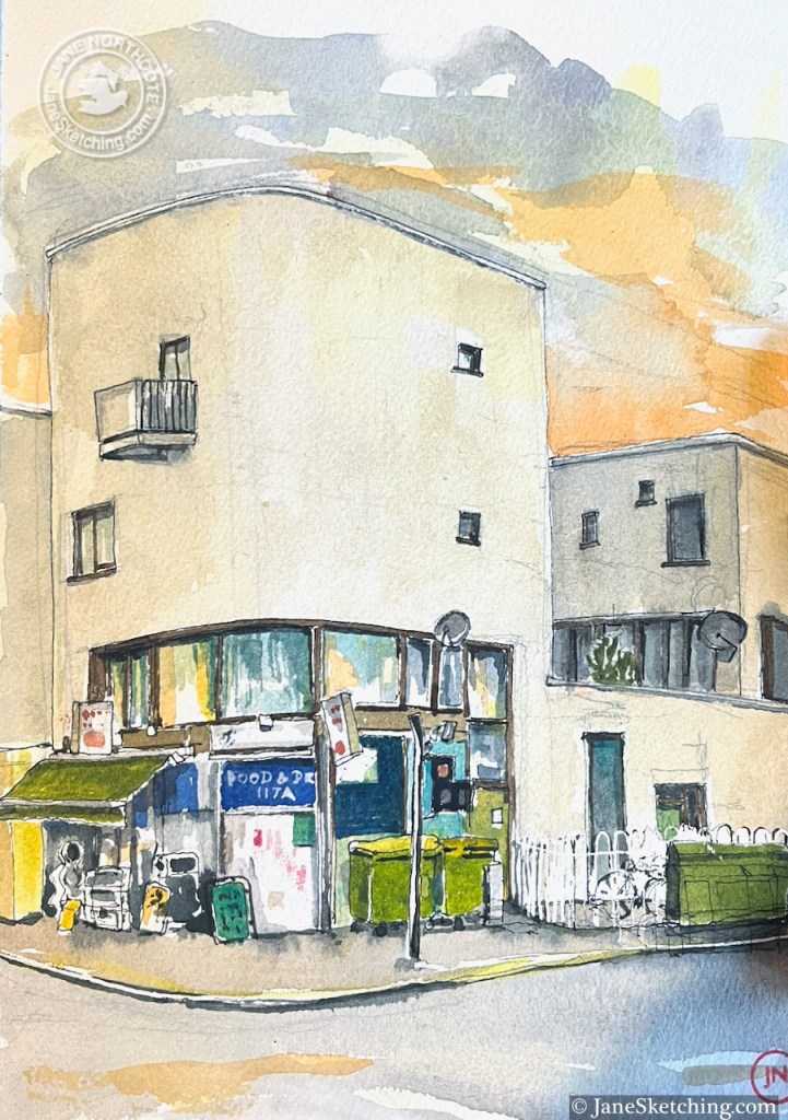 The sketch shows a pale modern building against a sunlit sky. At street level there is a shop with a canopy.