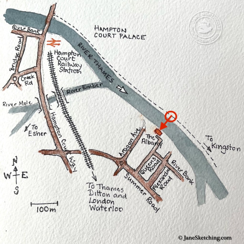 Map of Hampton Court area showing key landmarks including Hampton Court Palace, River Thames, and nearby roads.
