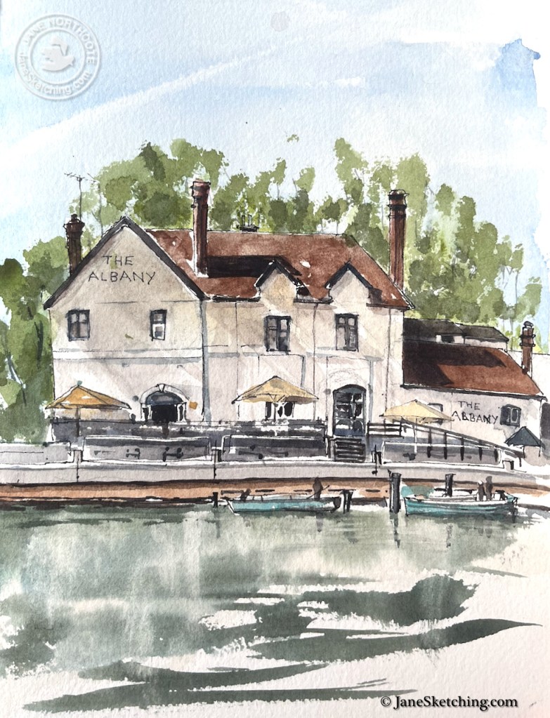 Watercolor illustration of 'The Albany', a waterfront building featuring a brown roof and outside seating under yellow umbrellas. Lush greenery is present in the background, and the calm water reflects the structure.